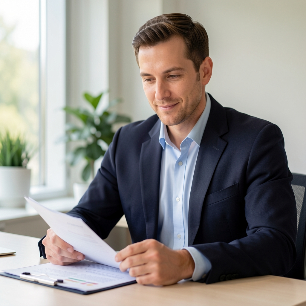 Portrait of a male nutrition specialist in a clean office setting, wearing a dark blazer, reviewing dietary composition notes at a desk