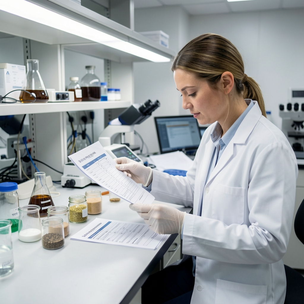 Quality-control technician examining ingredient samples at a laboratory workbench under bright controlled lighting, reviewing compositional data sheets