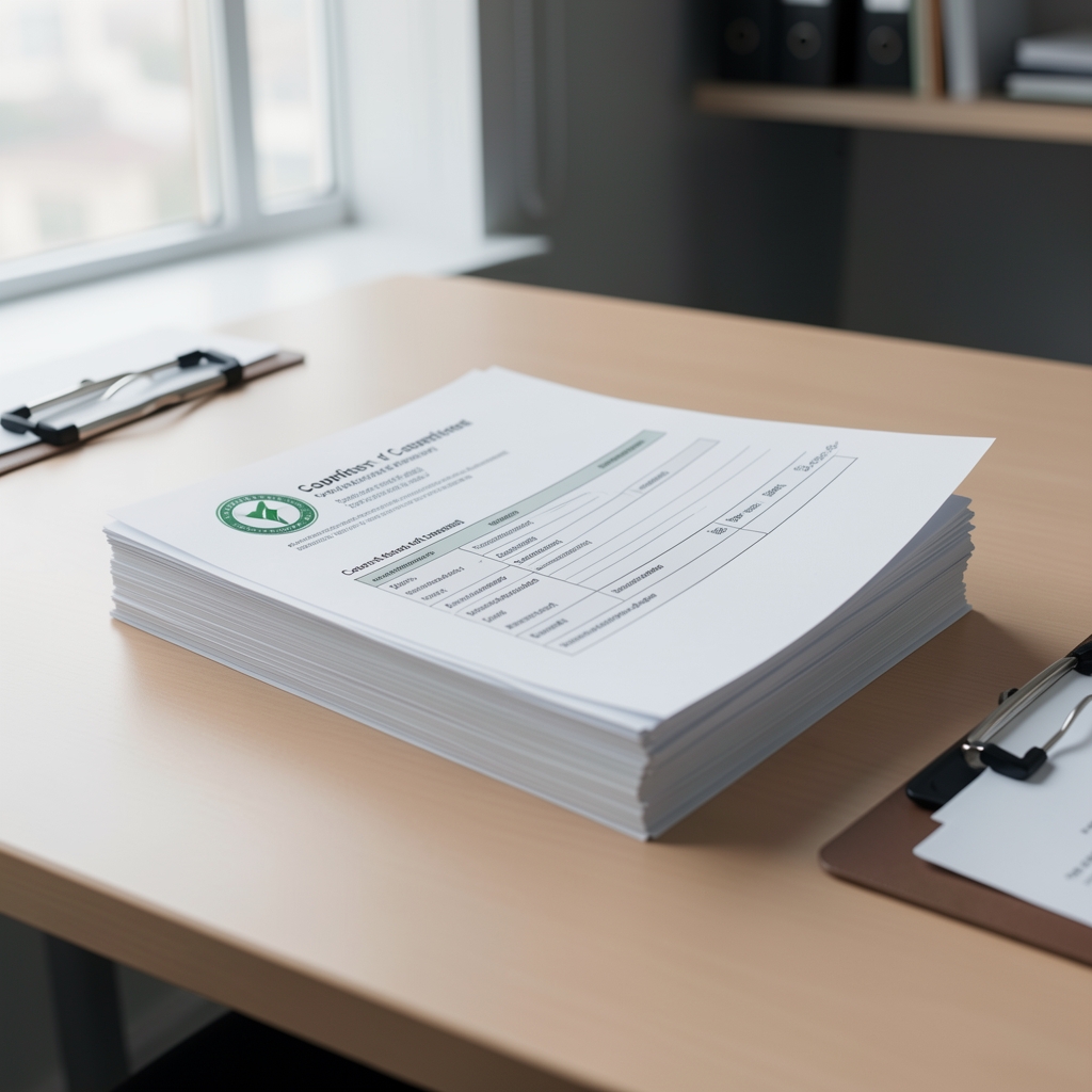 Stack of printed supplier documentation including certificates of composition and chain-of-custody forms on a clean office desk with a clipboard