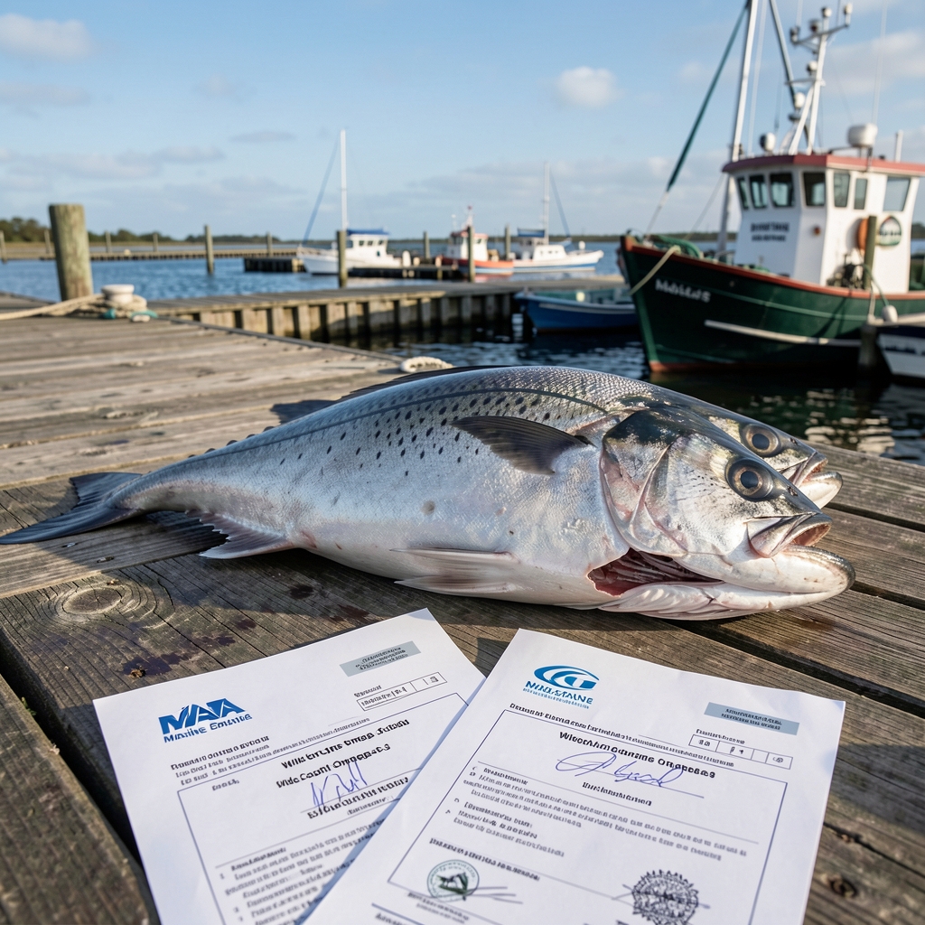 Marine omega-3 sourcing documentation — wild-caught fish at a sustainable fishery dock with certification paperwork visible in the foreground
