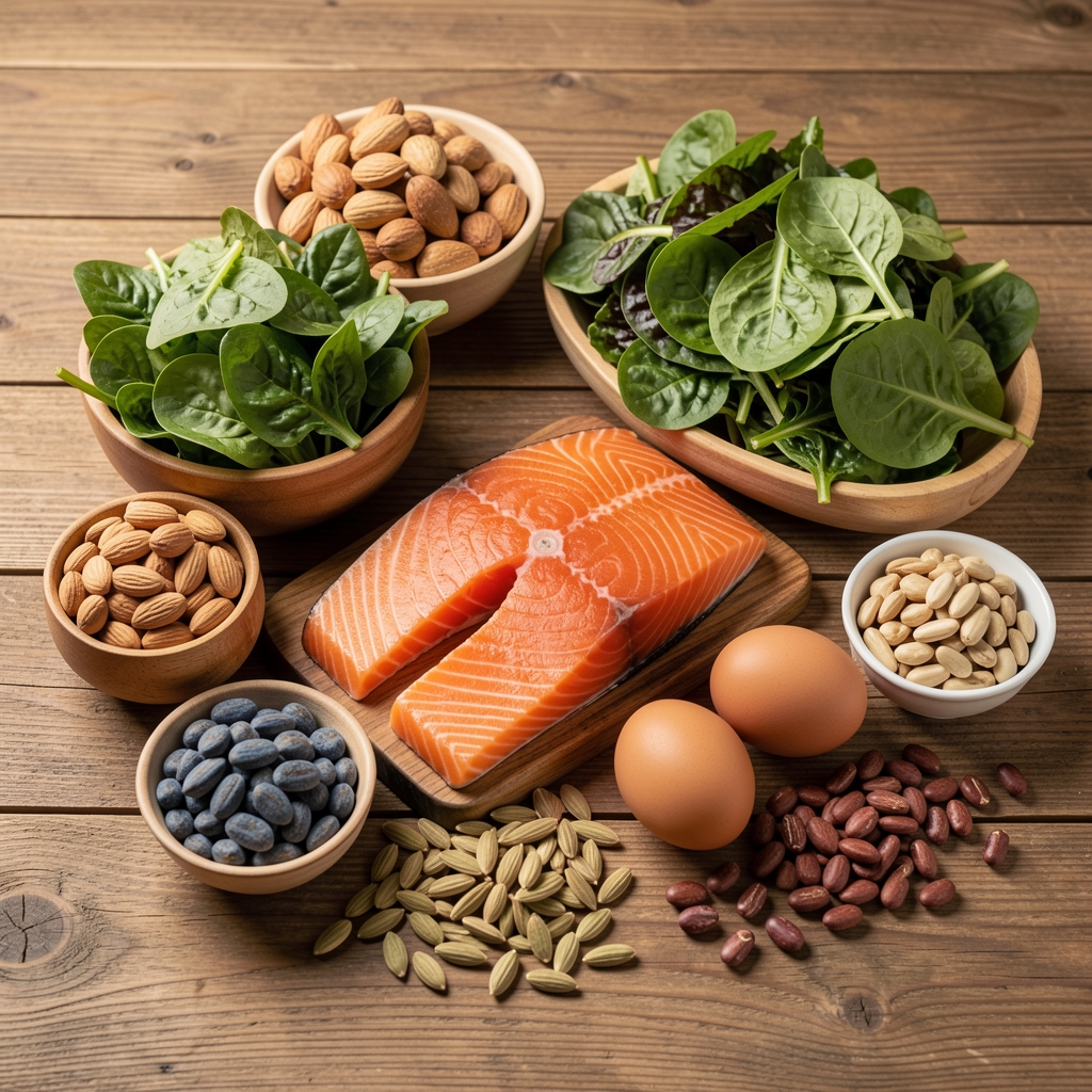 Whole food protein sources including wild-caught salmon, free-range eggs, black beans, Greek yogurt and almonds arranged on a white ceramic board
