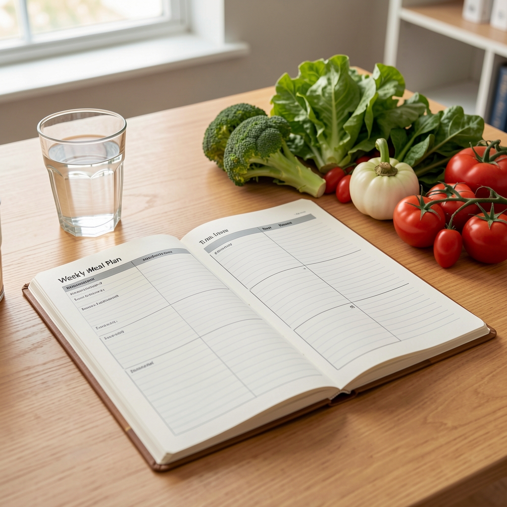 Structured weekly meal plan journal open on a wooden desk beside a glass of water and fresh vegetables — planning documentation for men's dietary health