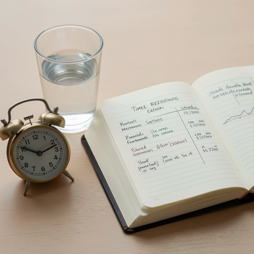 Glass of water beside a timer and a journal open to an intermittent fasting schedule — time-restricted eating documentation for men's metabolic health