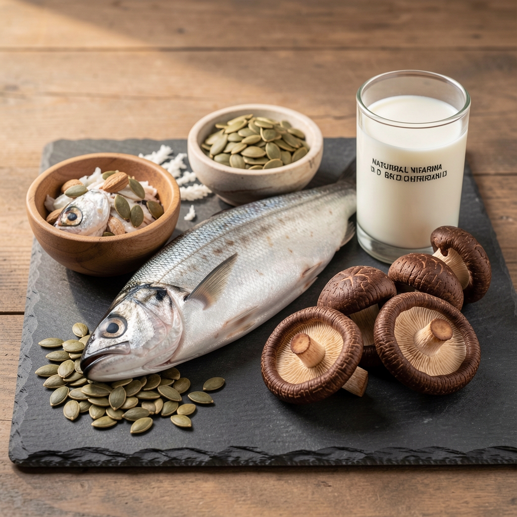 Selection of natural vitamin D and zinc-rich foods including fatty fish, pumpkin seeds, shiitake mushrooms and fortified dairy on a slate board