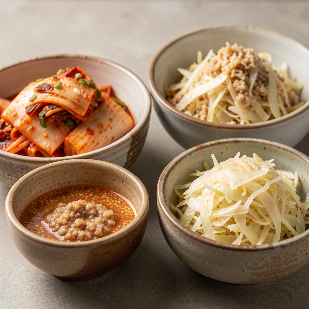 Close-up of fermented foods including kimchi, kefir, miso and sauerkraut in ceramic bowls representing gut health nutrition for men
