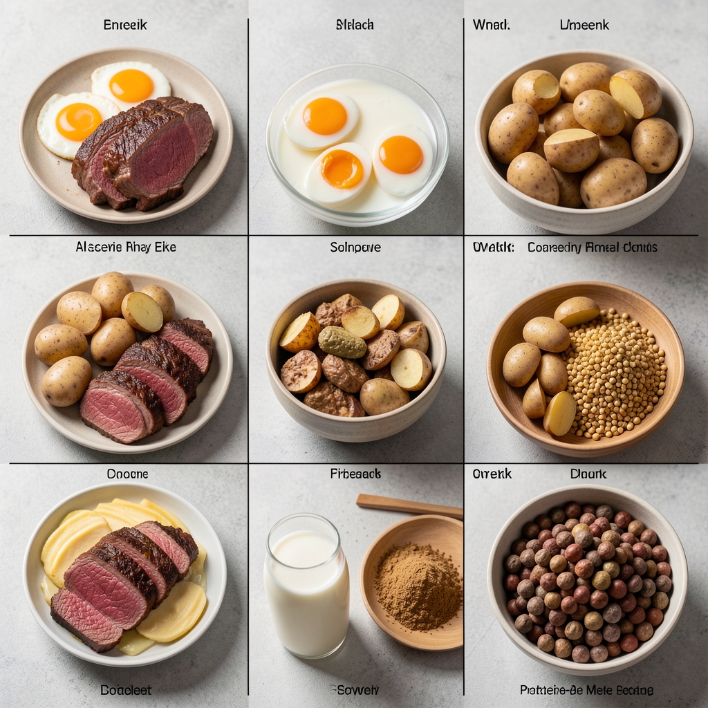 Muscle-building meal plan spread with steak, eggs, potatoes, milk and protein-dense ingredients arranged in a structured weekly meal composition grid