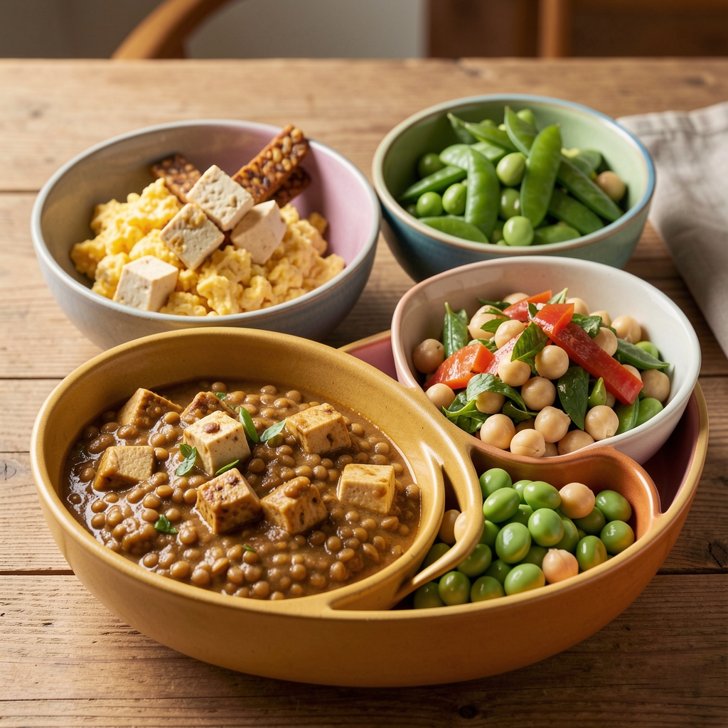 Plant-based protein meal spread including lentil curry, tofu scramble, tempeh strips, edamame and chickpea salad in colourful ceramic bowls on a wooden table