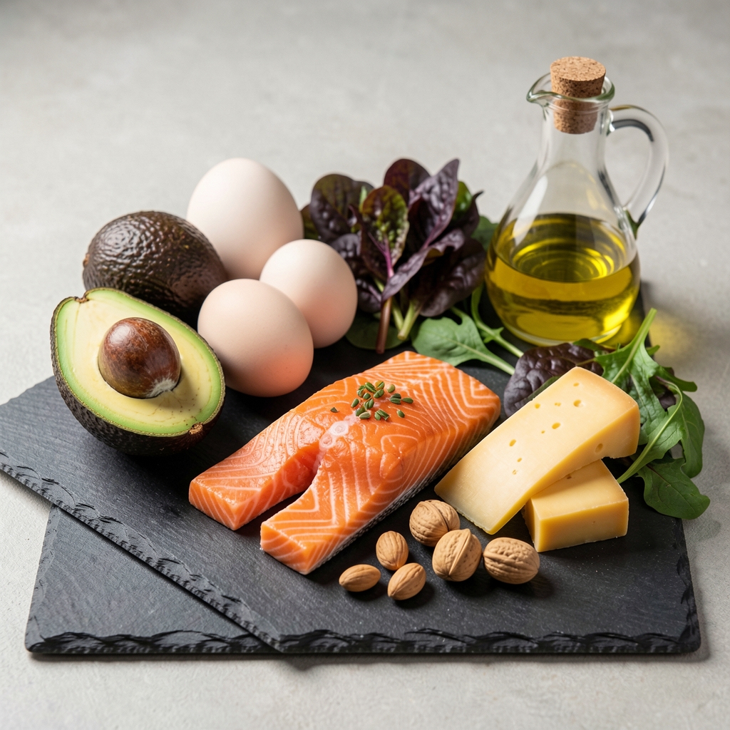 Ketogenic diet food selection including avocado, wild salmon, eggs, olive oil, cheese, nuts and dark leafy greens arranged on a slate board