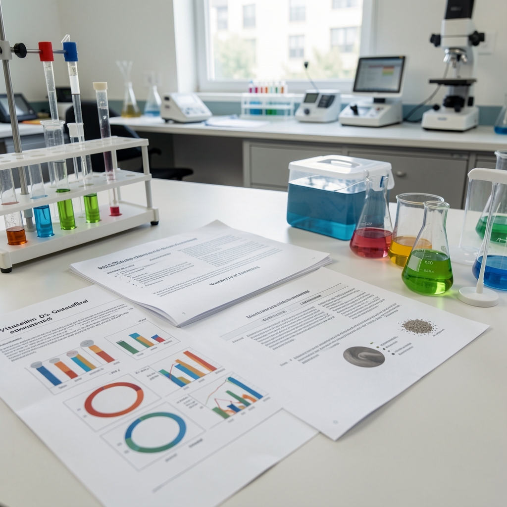 Vitamin D3 source material — cholecalciferol extraction process documentation spread on a light surface with reference charts in a quality-control workspace